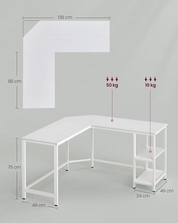 VASAGLE Кутовий комп'ютерний стіл 138x138x76 см, з 2 полицями, для офісу і геймінгу, економія простору, колір світлий клен