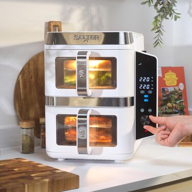 Аерофритюрниця Salter VertiCook View 9L: двокамерна фритюрниця з вертикальним дизайном, 12 програм Sync & Match, 4 рівні приготування, без PFAS, біла