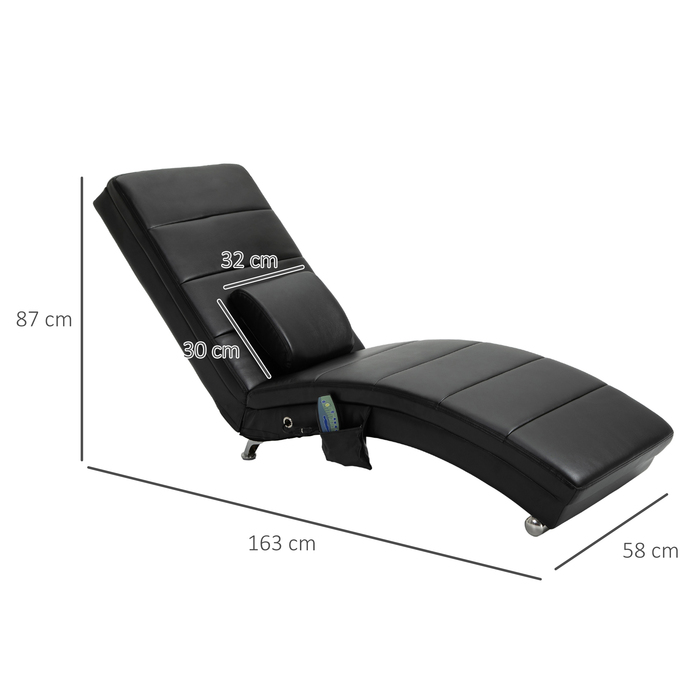 Шкіряний шезлонг HOMCOM з функцією масажу, 58 x 163 x 87 см, до 120 кг, 8 масажних точок, з пультом дистанційного керування Висока подушка для спини, чорний