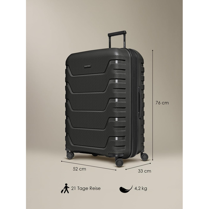 Валіза Smartbox XL 76 см, розширювана (111–120 л), легкий дорожній чемодан з поліпропілену, 4 подвійні колеса, TSA замок, чорний (Edition 01)
