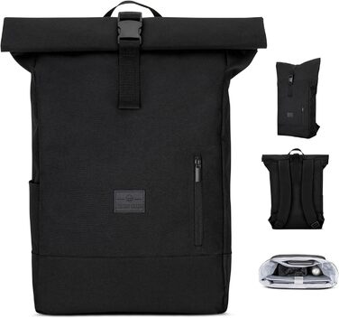 Рюкзак Johnny Urban Robin Large Rolltop для жінок і чоловіків, міський, водонепроникний, 18-22 л, відділення для ноутбука 16”, з переробленого PET, чорний