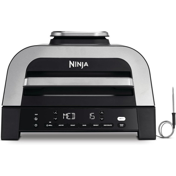 Ninja MAX 6-в-1 гриль та фритюрниця з гарячим повітрям для дому, 6 функцій приготування, об'єм 3.8 л, цифровий термометр, сірий/срібний, DG551EU