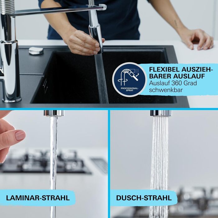 Змішувач кухонний GROHE Get з висувним душем, 2 режими, 360° поворот, економія води, монтаж без інструментів, хром - 30361000