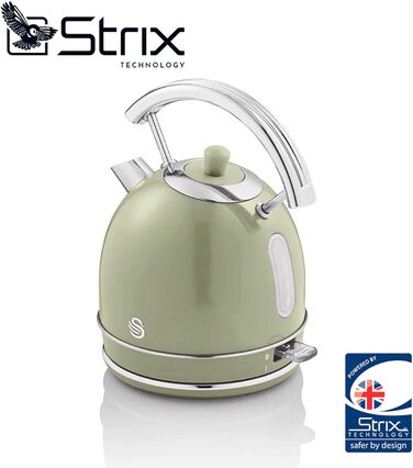 Електрочайник Swan Retro 1,8 л, вінтажний дизайн, 3000 Вт, автоматичне відключення, Strix контролер, бездротовий, BPA-free нержавійка, зелений