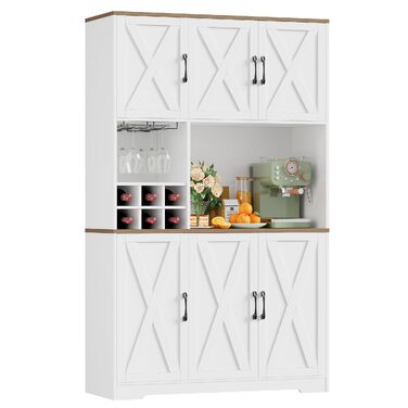 Кухонна шафа-буфет HOCSOK 106x180 см, біло-коричнева бічна тумба (sideboard) з 6 дверцятами, знімним тримачем для пляшок та келихів, шафа для продуктів у вітальню та їдальню
