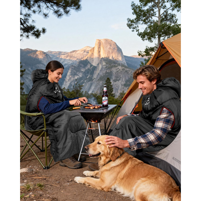 Спальний мішок Sportneer Outdoor у формі ковдри (220×85 см), чорний, температурний режим +10...+26 °C, з отворами для рук