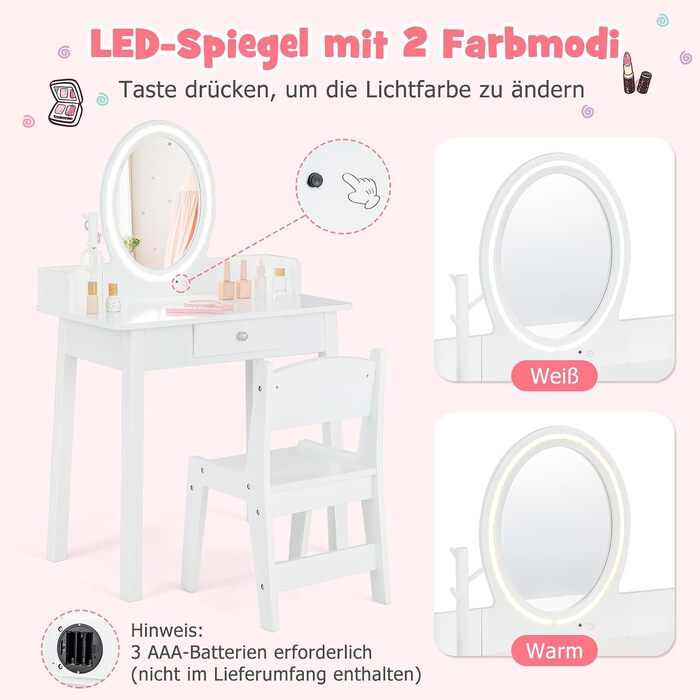 Дитячий туалетний столик DREAMADE для дівчаток з LED-дзеркалом, шухлядою та стільчиком, дерев'яні ніжки з сосни, білий