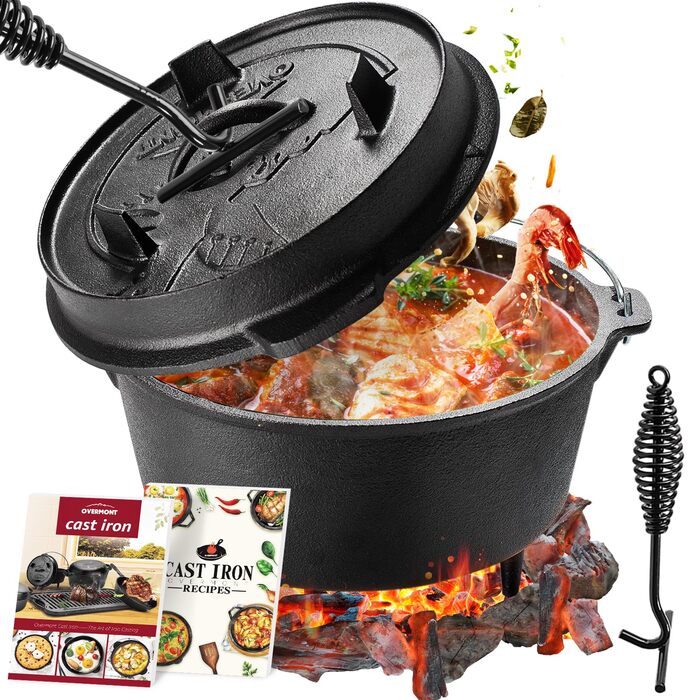 Чавунний казан OVERMONT Dutch Oven (розмір L) для багаття та кемпінгу, з двосторонньою кришкою, ніжками та піднімачем
