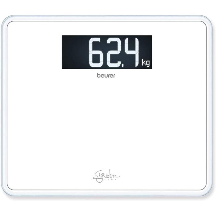 Ваги для людей Beurer GS 410 Signature Line, білі, скляні, з великою платформою 35x30 см, максимальна вага 200 кг, чорний XXL-дисплей, супербіле безпечне скло