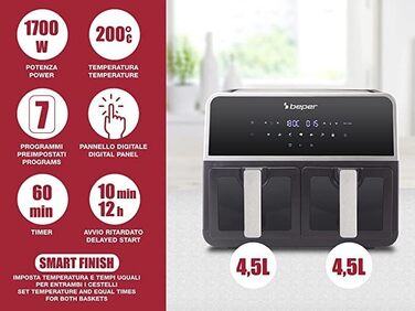 Аерофритюрниця BEPER P101FRI090 з двома камерами, 9 л (4,5 л на кошик), 7 програм