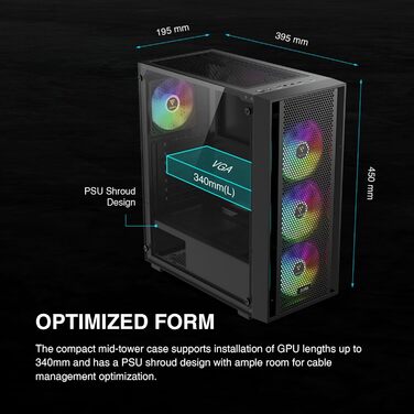 Ігровий корпус GAMDIAS AURA GC2 Elite ATX, мід-тауер, скло, 4x120 мм ARGB вентилятори, чорний, висока вентиляція