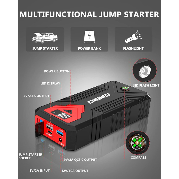 Бустер для авто CARHEV Jump Starter 3000A — Пусковий пристрій з LCD-дисплеєм для бензинових (до 8л) та дизельних (до 8л) двигунів, 12V Powerbank з USB швидкою зарядкою та LED-ліхтарем