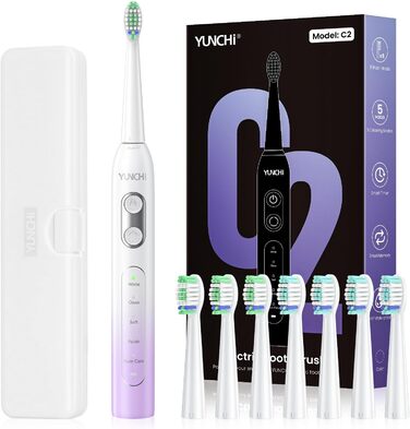 Електрична зубна щітка YUNCHI - звукова, для дорослих та дітей, 40000 VPM, USB-C, 5 режимів, 8 насадок + чохол, блакитна (C2 фіолетовий та білий)