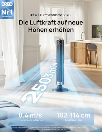 DREO Smart Tower Fan 102-114 см - Вежний вентилятор з пультом, 9 режимів, 4 режими, 90° осциляція, 12 год таймер, DC мотор, надтихий (20 дБ), для дому та офісу, чорний