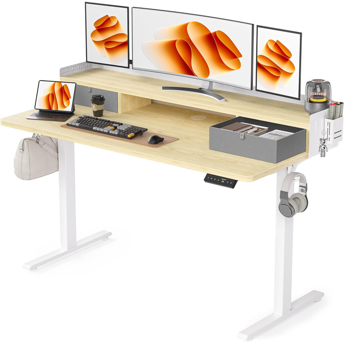 Електричний стіл-трансформер WALKINGDESK з дуба, 140x61 см, регульований письмовий стіл із 2 шухлядами для домашнього офісу, ергономічний стіл-сидячи-стоячи з полицею, тримачем для ручок та гачками
