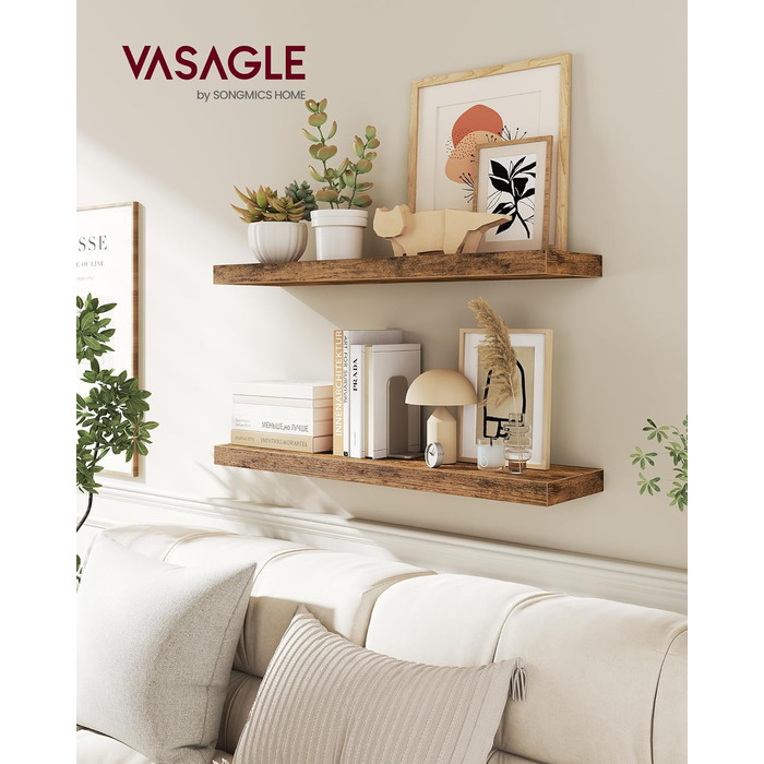 Полиця настінна VASAGLE 2 шт., плаваюча, дерев'яна, 20x80x3.8 см, вінтажний коричневий LWS28BX-2 для вітальні, кухні, офісу