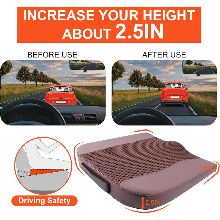 Автомобільна подушка Lofty Aim з Memory Foam для водія: підтримка спини, зняття болю (ішіас), для автокрісла, офісного крісла, інвалідного візка. PU-шкіра, 4D Mesh, коричнева