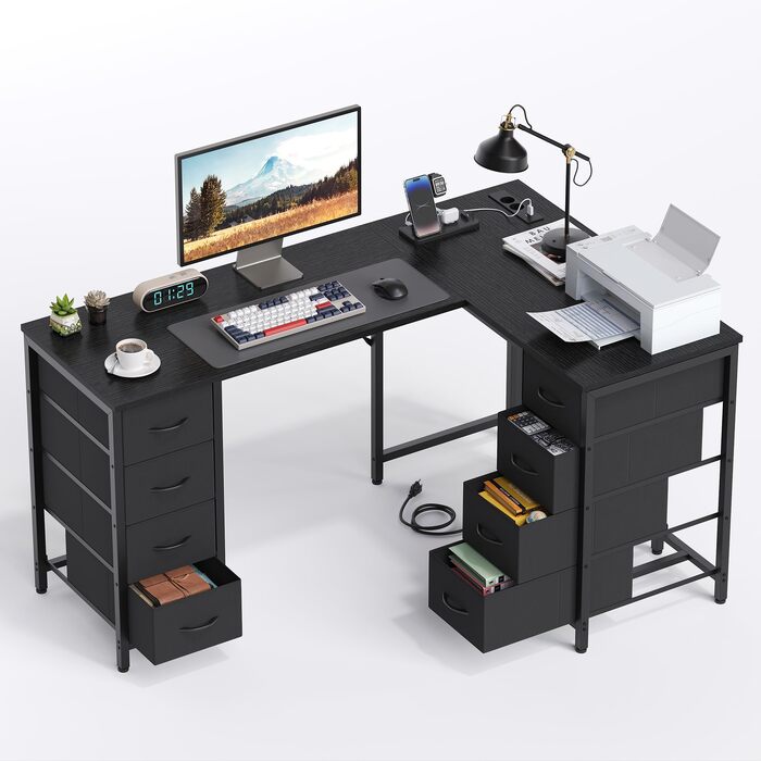 Кутовий письмовий стіл YOUDENOVA 150x100 см з шухлядами, розеткою та USB-зарядом, чорний