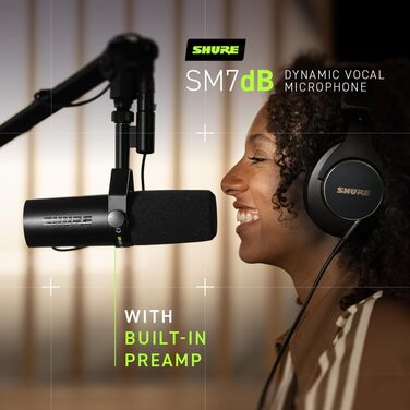 Мікрофон Shure SM7dB динамічний для мовлення, вокалу та подкасту з вбудованим підсилювачем, широкий частотний діапазон, теплий м'який звук, чорний