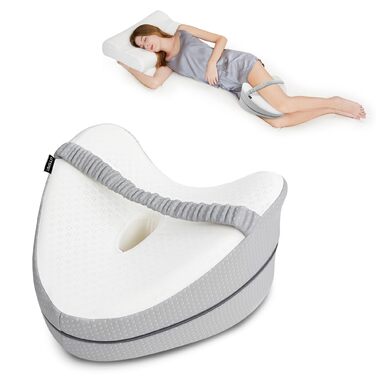 Подушка для сну на боці з піни Memory Foam, ергономічна, з охолоджуючим чохлом, сіра в горошок з ремінцем