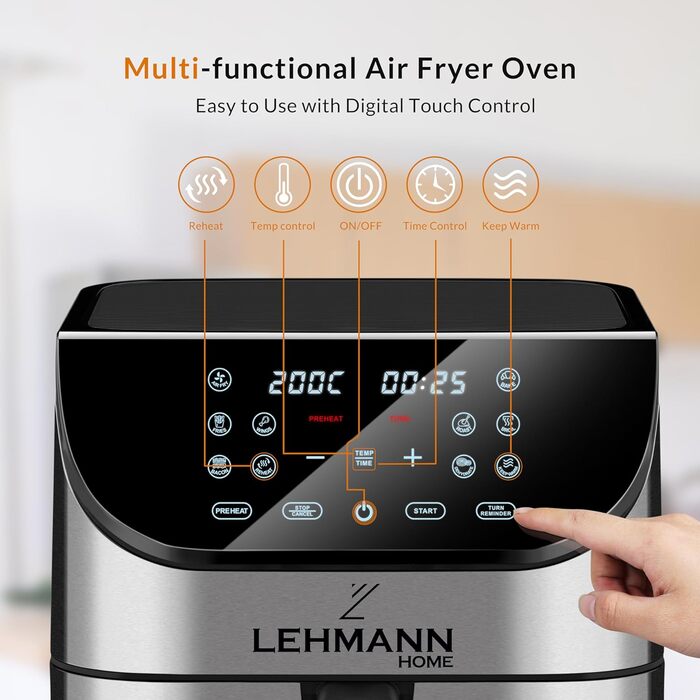 Аерофритюрниця Lehmann XXL 8 л, 1800 Вт, цифровий LED-екран, 10 програм, регулювання температури 76-200°C, таймер, приготування без олії, для здорового харчування