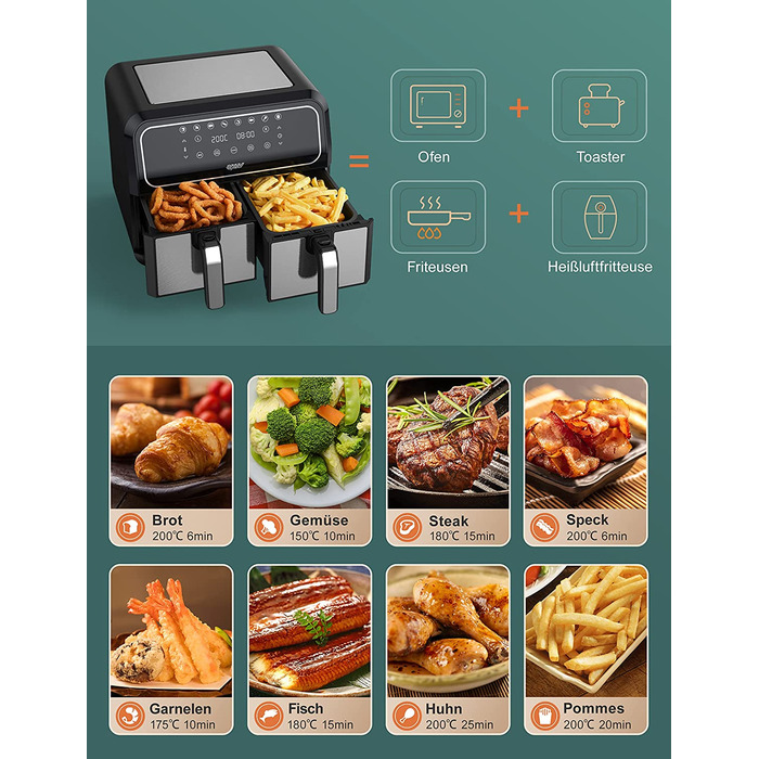Інскій аерофритюрниця подвійна 8 л, 8 програм, 2 кошики, без олії, Dual Cook, Shake, XL