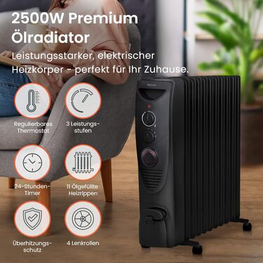 Масляний обігрівач Pro Breeze 2500W, електричний радіатор з 11 секціями, 3 режимами нагріву, термостатом та 24-годинним таймером, захист від перегріву та перекидання, чорний