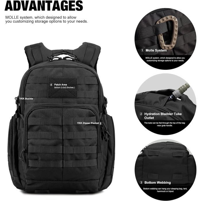 Mardingtop тактичний військовий рюкзак 40л з MOLLE, чорний, для туризму, походів і кемпінгу