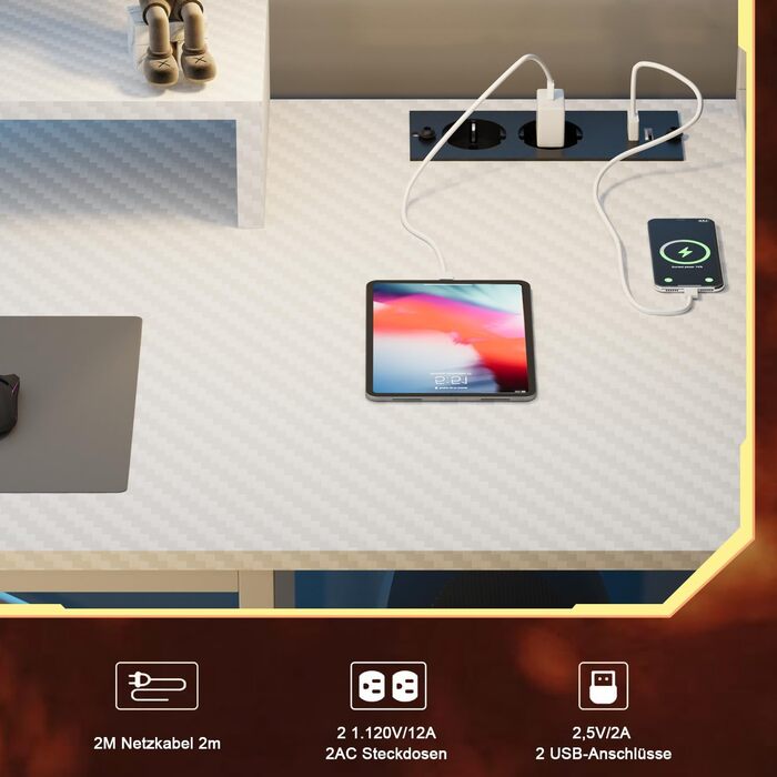 Ігровий стіл Devoko з LED-підсвіткою, 120x60 см, комп'ютерний стіл із USB та розеткою, полиця та підставка під монітор, вінтажний коричневий