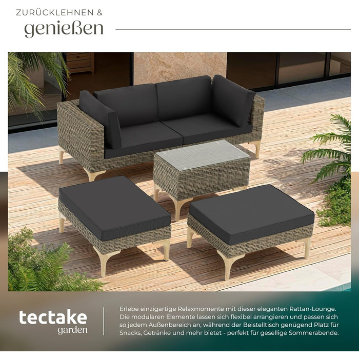 Тектейк® Набір садово-розкладних меблів з ротангу Outdoor Lounge на 5 місць, з кутовим кріслом, пуфом, столиком, комплект для відпочинку, з подушками для сидіння та спинки (Натуральний)