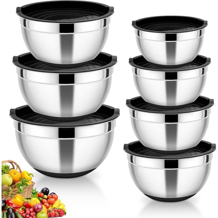 Набір місок HaWare з нержавіючої сталі, 7 шт., з кришкою, для приготування їжі, миття в посудомийній машині, об'єм 6.5/4.5/3/2.5/1.5/1.2/0.7 л (Чорний, силіконове дно)