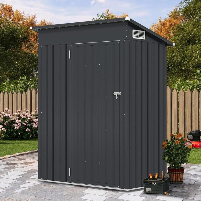 Металевий садовий будиночок COSTWAY 150x90,5x185 см, 1,5 м³, з похилим дахом та дверями, замикається - сірий