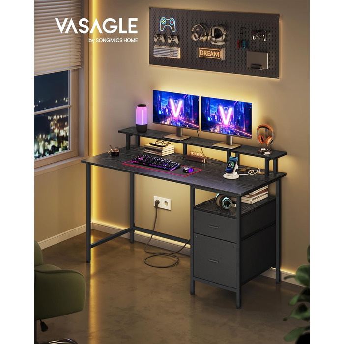 Ігровий стіл VASAGLE з шухлядами, тримачем для монітора та USB-портами, 140x60 см, чорний