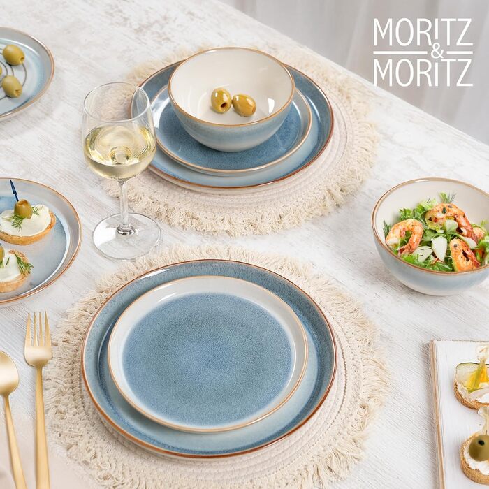 Набір посуду Moritz & Moritz TARENTO 48 предметів (12 осіб) - 48-місний набір посуду з високоякісної кераміки, 12 обідніх тарілок, 12 десертних тарілок, 12 супових тарілок та 12 чашок, блакитний колір
