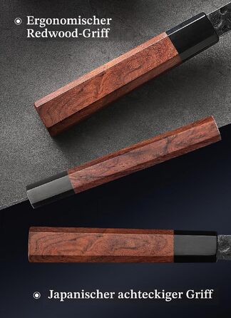 Професійний японський ніж Kiritsuke HEZHEN 21,5 см, кухонний ніж із 3-шарової дамаської сталі з восьмигранною ручкою з червоного дерева та дерев'яним чохлом