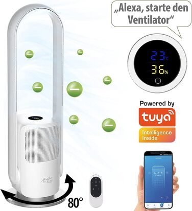 Безлопатевий турбовентилятор та очищувач повітря Sichler 2-в-1, 360°, HEPA, Wi-Fi, керування через додаток, 35 Вт – баштовий вентилятор з таймером для дому