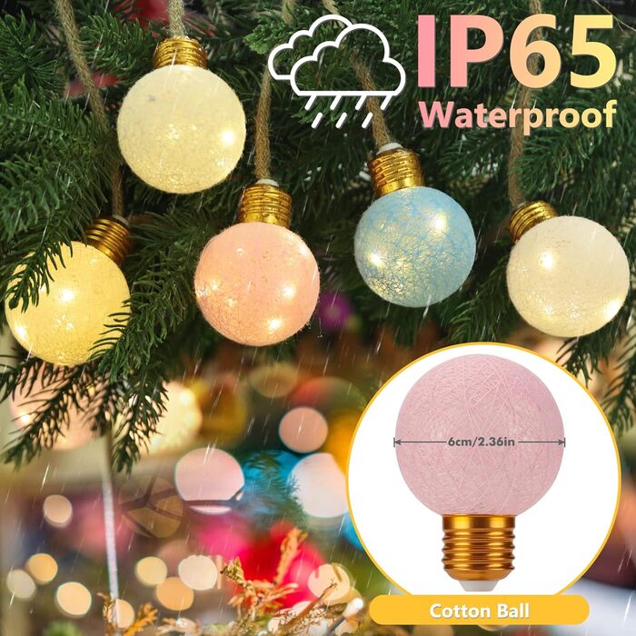 Сонячна гірлянда Qedertek 6 м, 160 LED, тепле біле світло, 16 бавовняних кульок, водонепроникна для вулиці, саду, балкона, весілля, вечірки, дитячої кімнати, великодній декор
