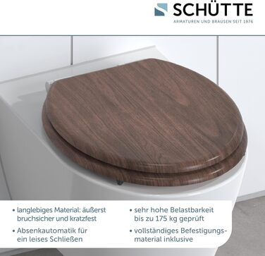 Дерев'яне сидіння для унітаза SCHÜTTE з мікроліфтом (Soft-Close), кришка для унітаза з MDF, витримує до 175 кг, колір Darkwood
