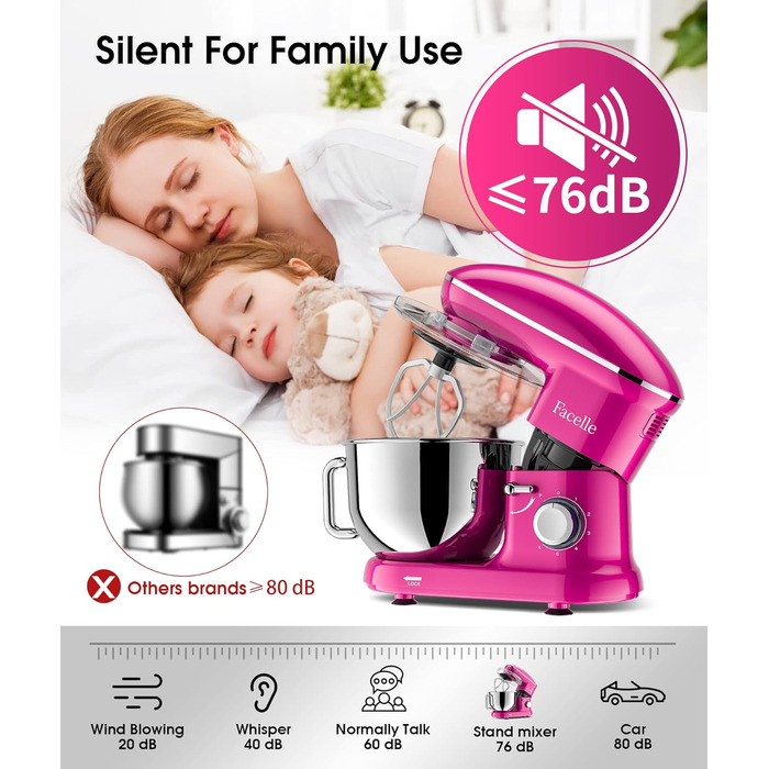 Кухонна машина Facelle 1500W з нержавіючою чашею 6.2 л, 6 швидкостей, комплектом насадок (міксер, гак для тіста, вінчик, сплеск-захист), фіолетовий колір