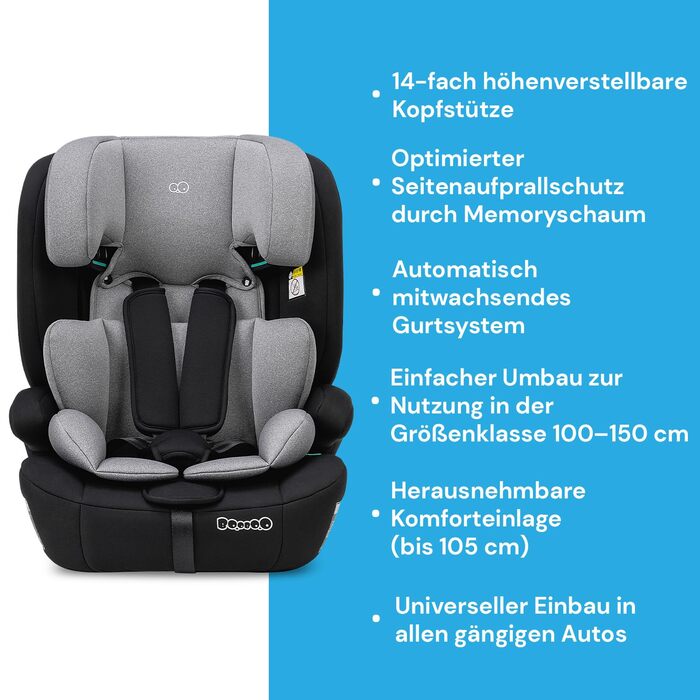 Дитяче автокрісло Booboo Safety Berlin i-Size без Isofix, від 1 року, для зросту 76-150 см, зростаюче, чорний/сірий