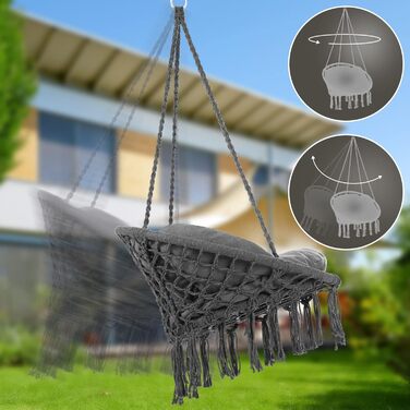 DETEX® Гамак-крісло підвісне до 150 кг, Boho стиль, стійке до погодних умов, сертифікат GS, для саду, 360° обертання, антрацит, для дому та вулиці, з зручною подушкою