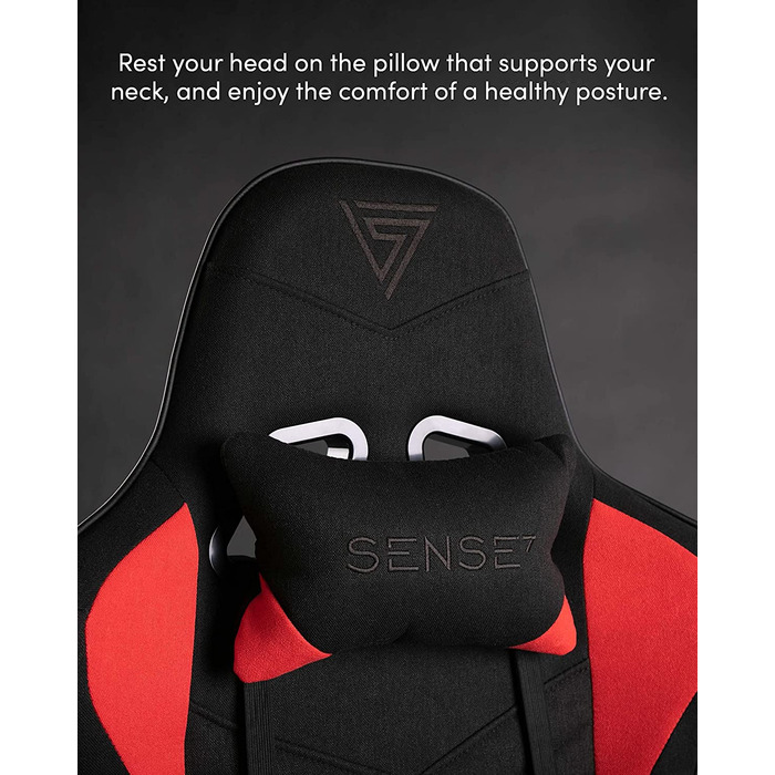 Ігрове крісло SENSE7 Spellcaster, ергономічне, з регульованою підтримкою попереку, нахилом і гойдалкою, тканинне, для комп'ютера, офісу, 150 кг, чорний/червоний
