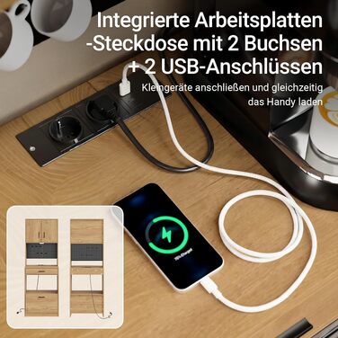 Кухонна шафа-буфет SoBuy з розеткою, 2 USB-портами та сенсорним підсвічуванням, 60x40x170 см, для мікрохвильової печі та кавової зони, MDF/PB, Natur Deluxe FSB98-E-WG