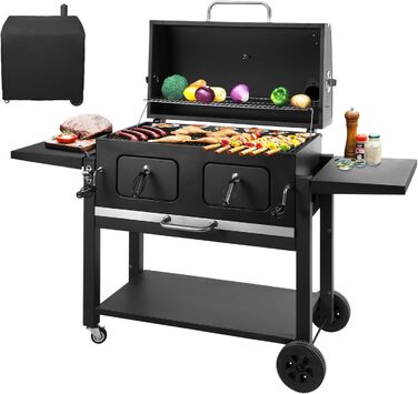 XXL вугільний гриль Grillwagen з кришкою, коптильня, гриль з колесами, ручка з нержавіючої сталі, грати, термометр, підлоговий гриль, 154.5 x 89 x 122 см