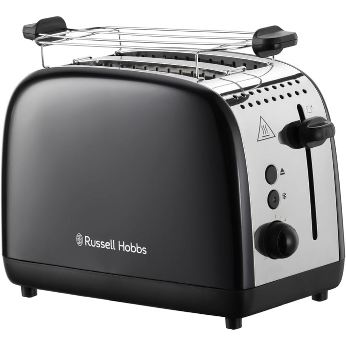 Тостер Russell Hobbs Colours Plus Edelstahl на 2 тости, чорний - з підставкою для булочок, 6 режимів підсмажування, розморожування, функція Lift & Look, 1600 Вт