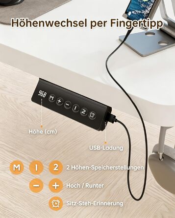 Електричний підйомний стіл JUMMICO з USB-портом, ергономічний письмовий стіл для роботи сидячи та стоячи (білий, 160 x 70 см)