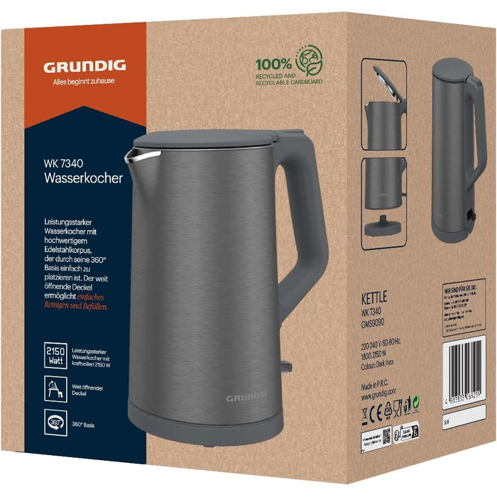 Електрочайник Grundig WK 7340, 2150 Вт, 1,5 л, нерж. сталь, подвійна стінка, авто-вимкнення, Dark Inox