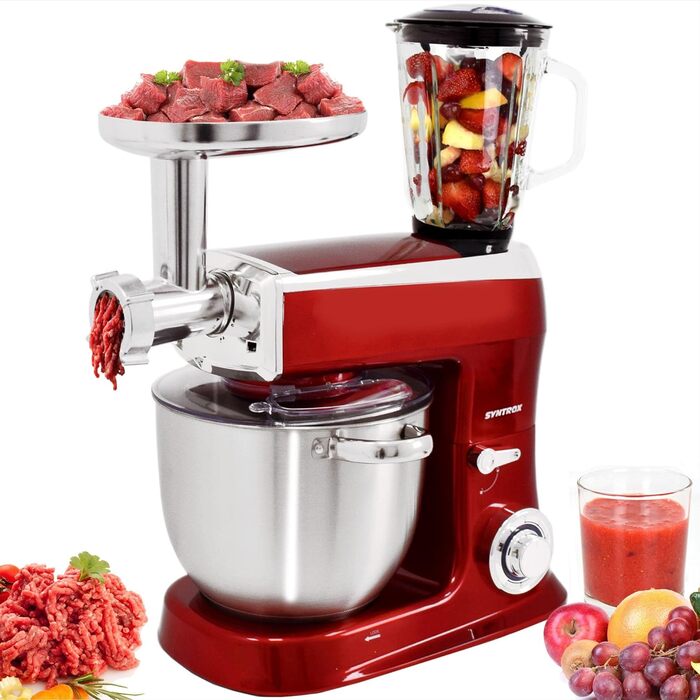 Кухонна машина Syntrox Germany 1500 Вт з м'ясорубкою, міксером та 7,5 л чашею з нержавіючої сталі, червона