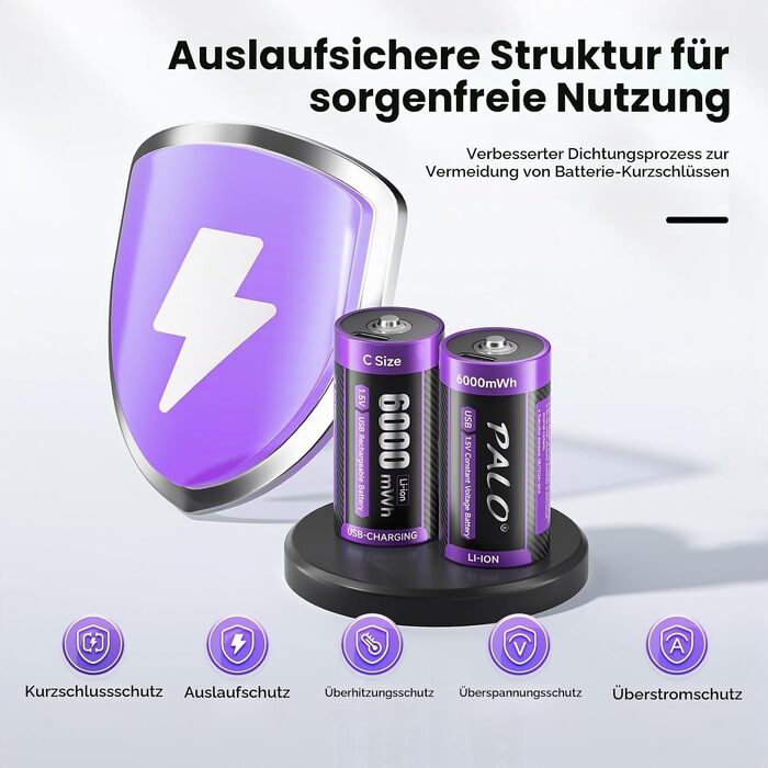 Акумулятори LR14 (Baby C) 1.5V 6000mWh Li-ion з USB-C портом для швидкої зарядки, 4 шт. — Перезарядні літієві батареї з кабелем