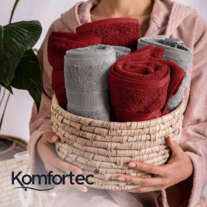Набір рушників Komfortec 8 шт. з 100% бавовни, 4 банних 70x140 см і 4 для рук 50x100 см, м'яка махра, антрацитово-сірий/червоний